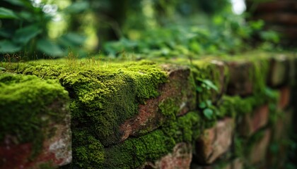 Obraz premium Ancient Wall Covered In Moss And Bricks - A Weathered Beauty With Mossy Growth And Vintage Bricks Creating A Historic Look
