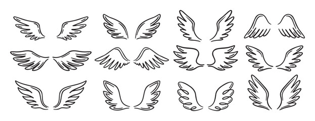 Angel wing doodle hand drawn icon set. Outline drawing angel wings line clipart symbol collection