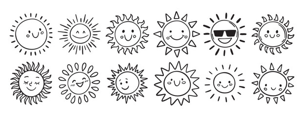 Cute kids sun doodle hand drawn icon set. Outline drawing funny happy smile suns cartoon characters line clipart symbol collection