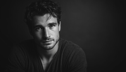 Fototapeta premium Serious Young Man In Black And White Portrait Looking Confidently At The Camera.