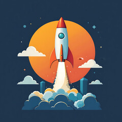 Fototapeta premium Rocket taking off against a large orange sun, surrounded by clouds and city buildings, set in a starry night sky.