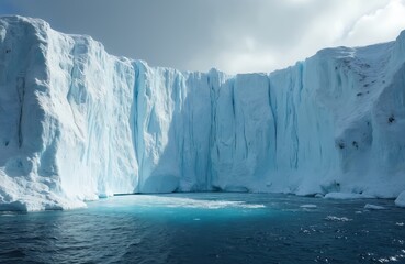 Massive ice cliff meets ocean waters. Stunning winter landscape with ice wall. Dramatic glacier shows global warming effect. Cold arctic environment with blue sea water. Scenic glacial iceberg nature.