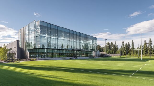 modern sports complex with a glass facade