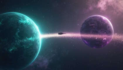 Spaceship travels between two glowing planets across starfield. Cosmic energy bridge connects worlds in deep space. Futuristic interstellar journey.