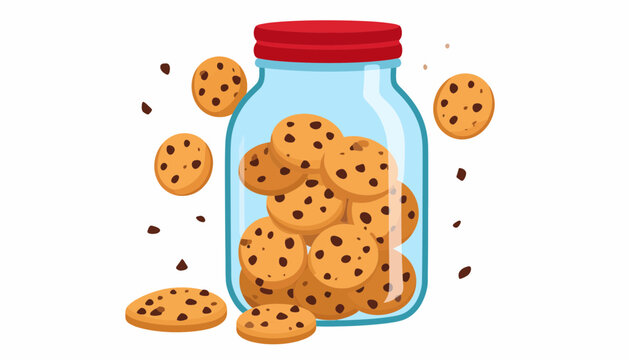 Delicious Chocolate Chip Cookies in Glass Jar and Scattered Around - Vector Illustration
