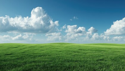 Fototapeta premium Refreshing And Comfortable Feeling With Panorama Green Grass Field And Blue Sky With White Clouds In Outdoor Landscape. A Picturesque Outdoor Scene.