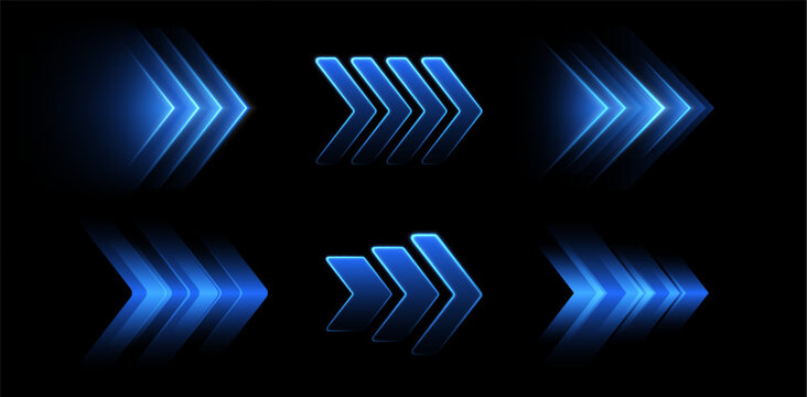 Glowing blue arrows, dynamic glowing pointers, fast motion. Movement, boost or action concept. Vector illustration.