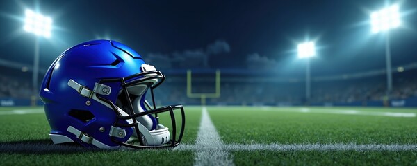 Blue football helmet on the green field. The stadium is lit brightly at night. Football equipment ready for game competition. Goal post in background.