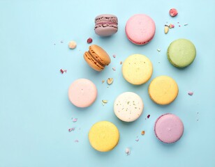 Obraz premium Assorted macarons scattered on a light blue background