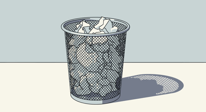 Full metal mesh waste bin with crumpled paper, minimalist illustration. Office waste, disposal, and discarded ideas concept.