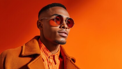 Fototapeta premium Trendy And Expressive African American Man Rocking An Orange Shirt And Jacket, With Sunglasses On An Orange Background. Stylish Look.