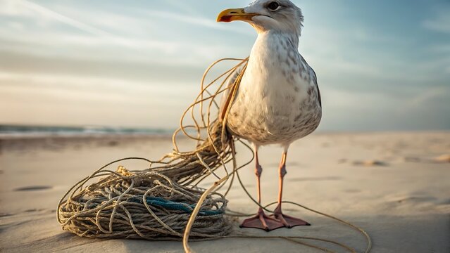 Seagull with fishing line entanglement on the beach