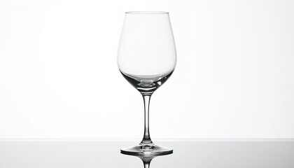 Fototapeta premium Empty clear wine glass on white background with reflective surface. Elegant stemware showcases its shape for beverage enjoyment and formal settings like dining or parties.