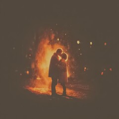 Couple is kissing in the dark with a fire in the background. Scene is romantic and intimate