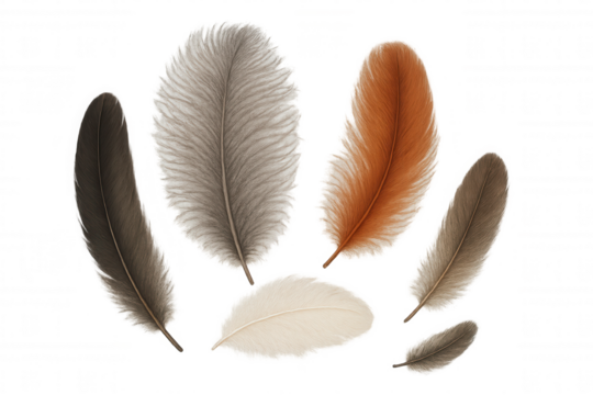 Various bird feathers floating, soft plumage for decoration, natural lightweight quill texture on transparent background