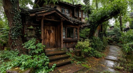 Small house with a wooden door and a porch. The house is surrounded by a lush green garden