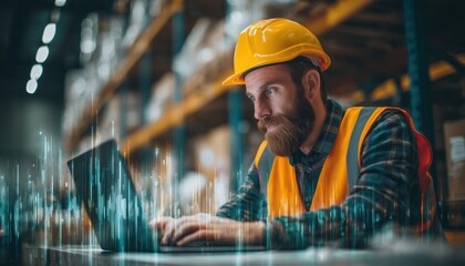 Global Business And Digital Interface: Caucasian Male Worker Processing Data And Media In Warehouse Setting. Digitally Generated Image Shows Technology In Action.