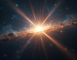 Bright star explosion in universe. Energy beams shoot from core. Cosmic cloud with light rays. Shining nebula abstract space scene for sci-fi wallpaper. Galaxy exploration backdrop. Space dust