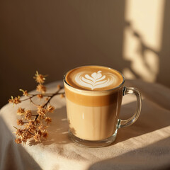 Clear glass mug with latte art coffee sits on textured beige cloth. Dried flower branch rests nearby. Warm sunlight creates soft shadows on the wall.