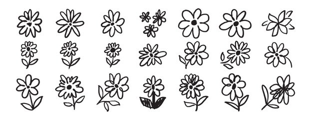 brush flowers daisies or camomile doodle hand drawn icon set. Outline drawing flower line clipart symbol collection