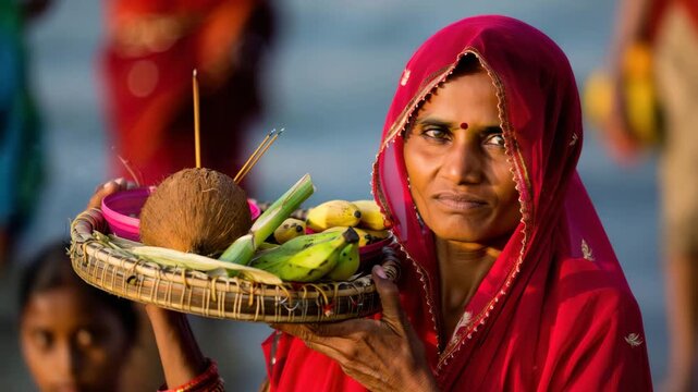 Woman carrying soop with prasad offerings, coconut bananas sugarcane incense, traditional ritual of Chhath Puja festival, Hindu devotion, cultural prayer ceremony, sacred worship