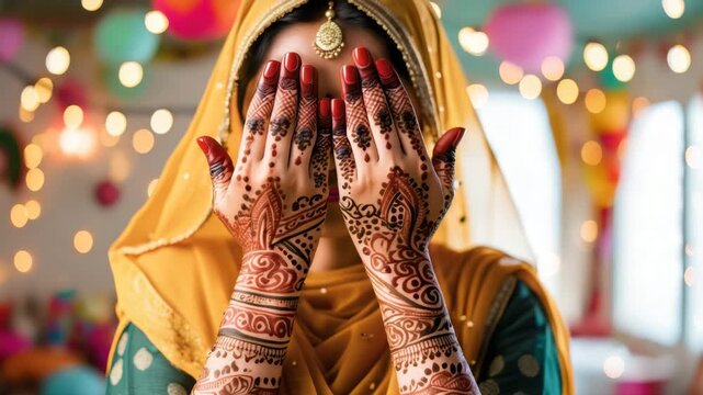 Traditional henna art, cultural celebration, vibrant attire, festive lights, Chhath Puja, Indian ritual, spiritual practice, colorful background, ethnic ornamentation, traditional dress