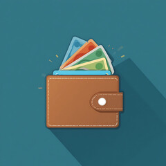 A brown wallet is open, revealing colorful paper currency sticking out, against a blue background.