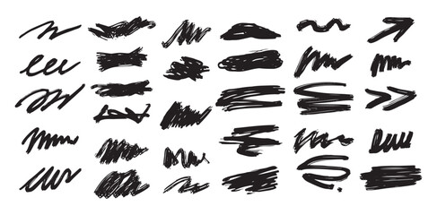 Black abstract brushstrokes, lines, squiggles and swirls set. Vector hand drawn illustration for decorations and various designs.