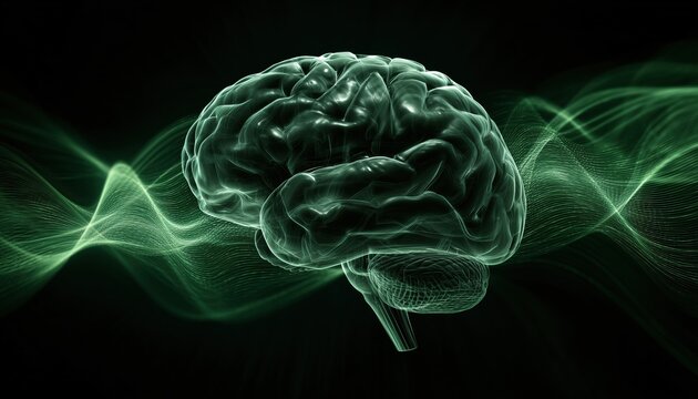 Human Brain Rotating Amid Green Digital Waves On Black Background: Advancements In Medical Research And Scientific Technology.