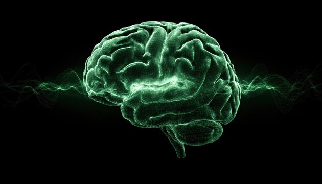 The Human Brain Rotating Amidst Green Digital Waves On A Black Background: Advancements In Medical Research And Science Technology.