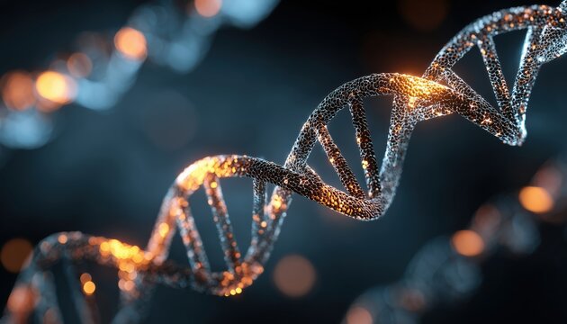 Dna Strands Portrayed Against A Backdrop Of Glowing Light Spots. A Digitally Created Image Illustrating The Intersection Of Science, Technology, And Digital Interface.
