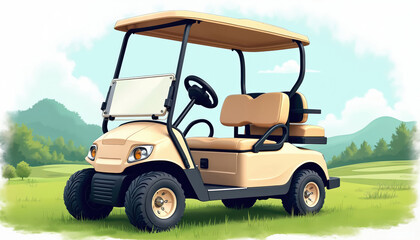 Beige golf cart on green grass. Golf buggy illustration on course with blue sky. Sport vehicle design element with seats wheels for golf club. Driving golf on holiday.