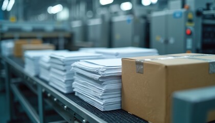Stacks of paper, envelopes move on conveyor belt in modern printing mailing facility. Cardboard box travels along industrial assembly line. Illustrates efficient parcel delivery, mail sorting,