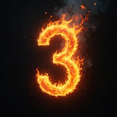 Fiery number three burns intensely with bright orange and yellow flames against a dark background. Sparks and smoke emit from the blazing numeral symbol.