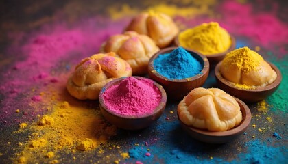 Holi festival photo with pastries dusted in colorful powder. Sweet buns placed near bowls with vibrant dye. Indian cultural celebration food photo for holiday. Tasty delicious treat on a dark surface.