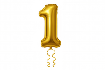 Golden number 1 foil balloon celebrating first birthday, anniversary, success, or prime achievement on transparent background