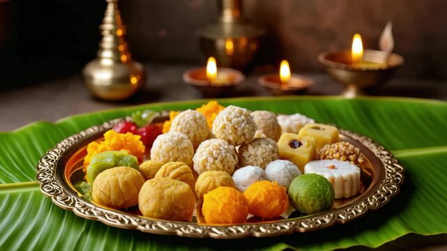 Traditional Indian mithai sweets as prasad for Chhath Puja, festive food offering on banana leaf, Hindu worship ceremony, cultural devotion, sacred celebration, Hindu customs