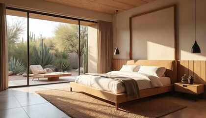 Bright bedroom interior with bed. Modern house design with wooden elements. Desert landscape with succulent plants outside window. Minimalist decor in a cozy comfortable home with sunlight.