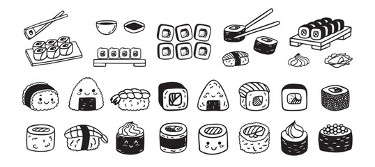 Sushi funny doodle set. Japanese hand drawn Food Sketch Icons. Kawaii drawing