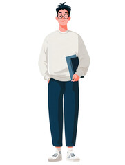 Full body illustration of a young male student standing.
