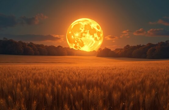 Giant orange full moon shines over golden crop field at dusk. Ripe wheat barley plants stand tall under bright harvest moon. Dark trees line horizon, creating warm, peaceful farm scene at night.