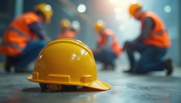 Yellow safety helmet on ground. Unfocused workers in orange vests on background. Construction workers working in facility. Focus on security at workplace. Workers compensation.