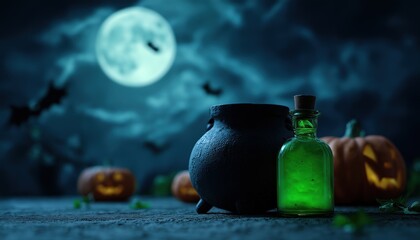 Spooky Halloween Scene Featuring Pumpkins, Black Cauldron, And Full Moon On Blue And White Background With Green Accents. Ghostly Night With Bat And Lantern.