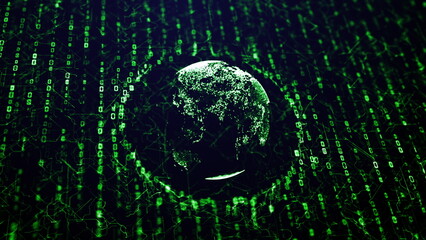 A digital Earth with green glowing numbers and connecting lines for business presentations and hi tech projects 3d render