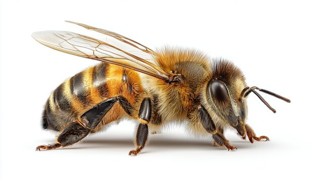 Close-Up Of A Honey Bee On A White Background: Template For Queen Honey Bee. Capture The Intricate Details Of The Majestic Insect.