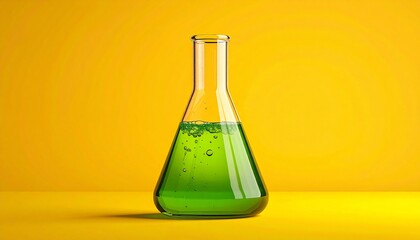 A laboratory flask with a vibrant green liquid, set against a stark yellow background, evoking a sense of scientific exploration and discovery