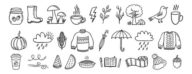 Autumn or nature fall season with falling leaves, umbrella doodle hand drawn icon elements set. Outline drawing autumn or fall line clipart symbol collection