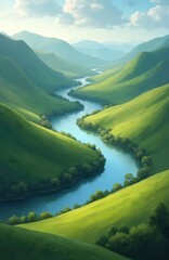 Fototapeta premium Winding river flows through lush green rolling hills under a hazy sky. Calm blue water reflects soft clouds, creating a serene landscape. Peaceful valley panorama provides tranquil nature scene.