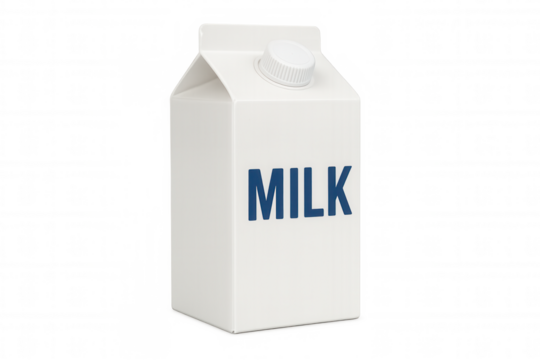 White milk carton packaging with screw cap, fresh dairy drink product for breakfast, transparent background
