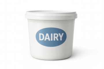 White plastic dairy food packaging tub mockup with blank blue label, ready for branding and design, transparent background